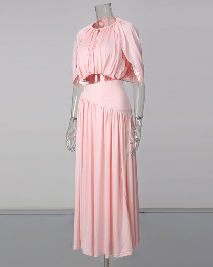 Pink Ruched Crop Top Flowy Maxi Skirt Set