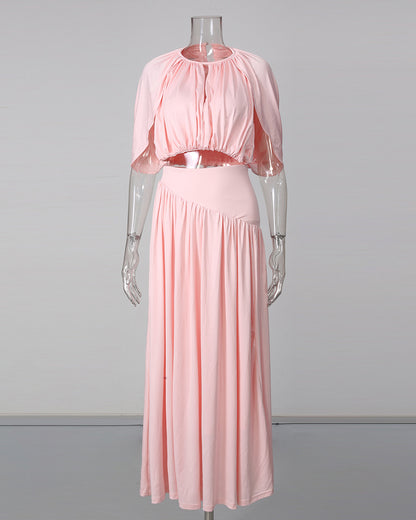Pink Ruched Crop Top Flowy Maxi Skirt Set