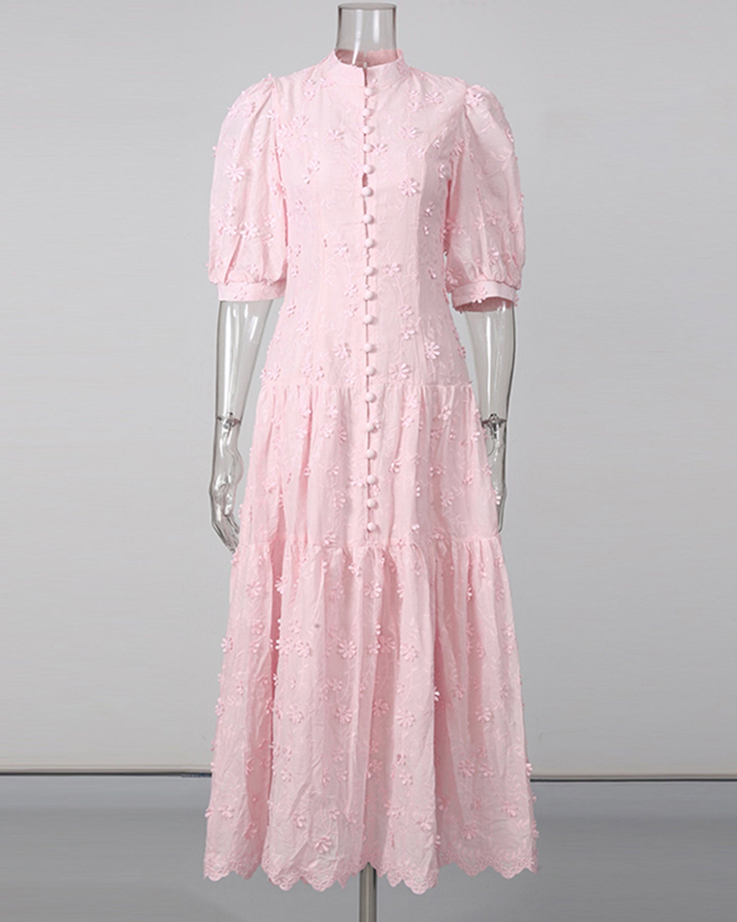 Pink 3D Floral Puff Sleeve Maxi Dress
