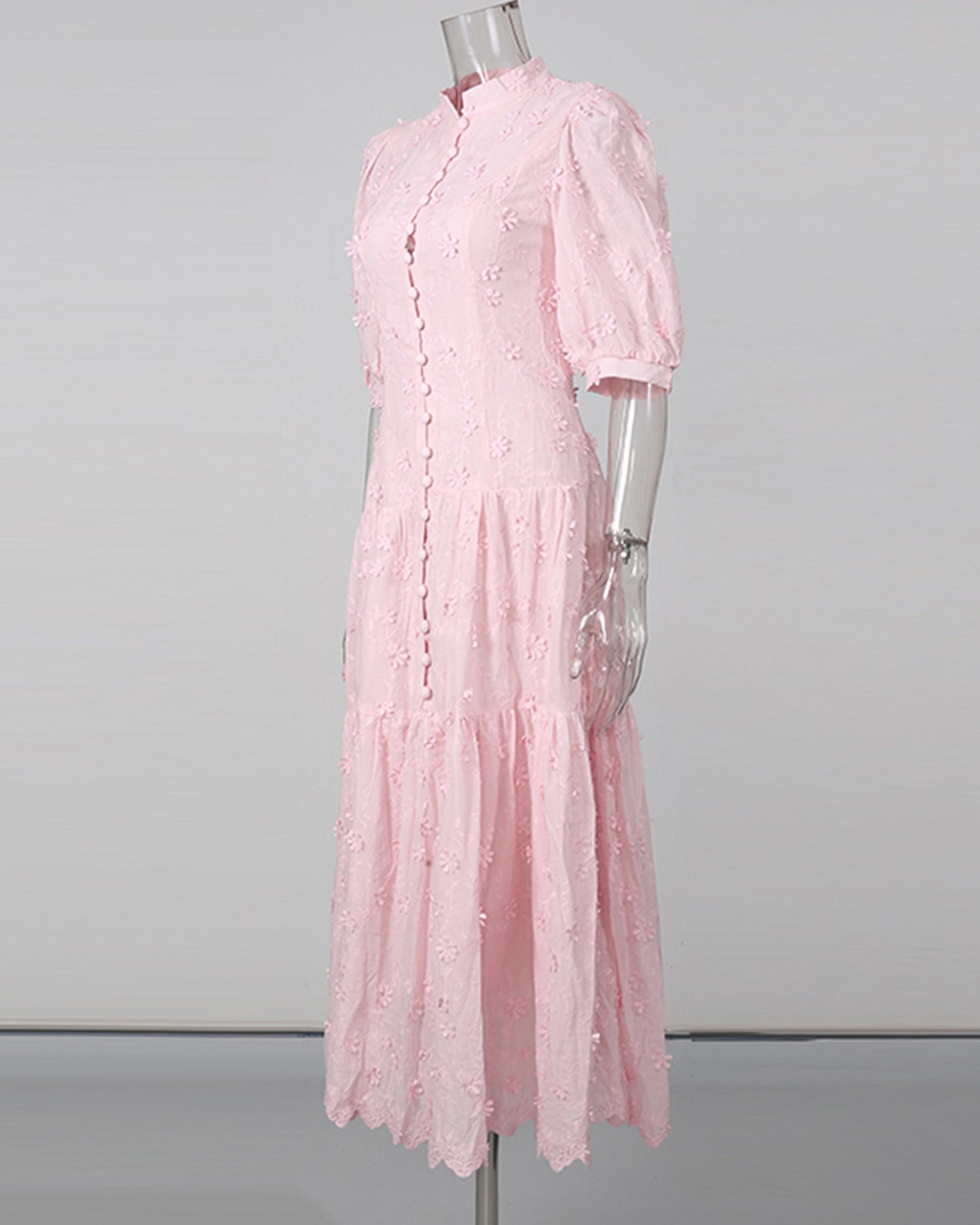 Pink 3D Floral Puff Sleeve Maxi Dress