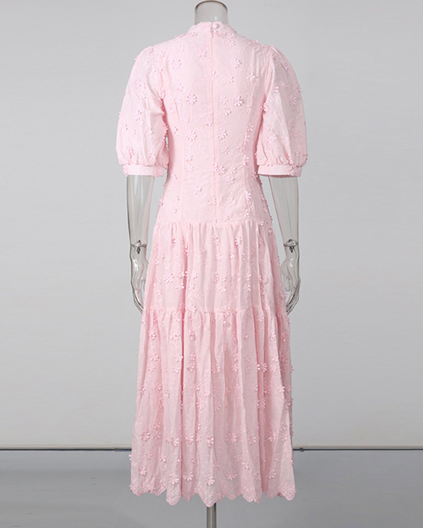 Pink 3D Floral Puff Sleeve Maxi Dress