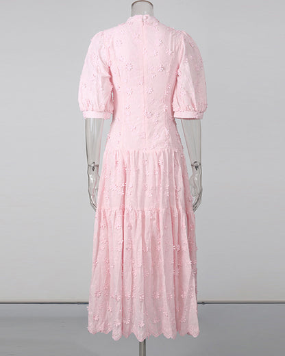 Pink 3D Floral Puff Sleeve Maxi Dress