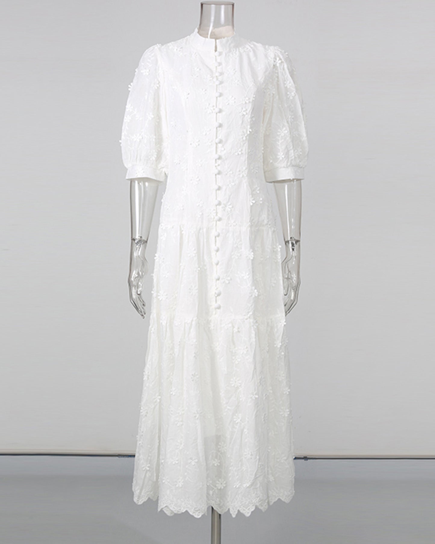 White 3D Floral Puff Sleeve Maxi Dress