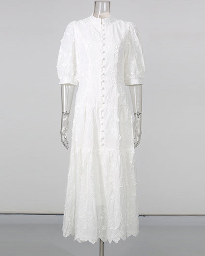 White 3D Floral Puff Sleeve Maxi Dress