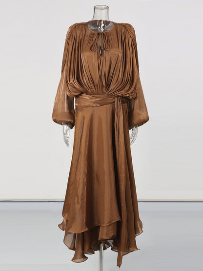 Bohemian Brown Pleated Maxi Dress with Tie Neck and Sash.