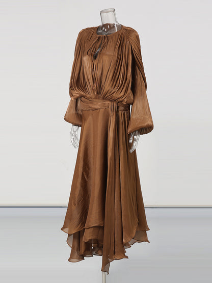 Bohemian Brown Pleated Maxi Dress with Tie Neck and Sash.