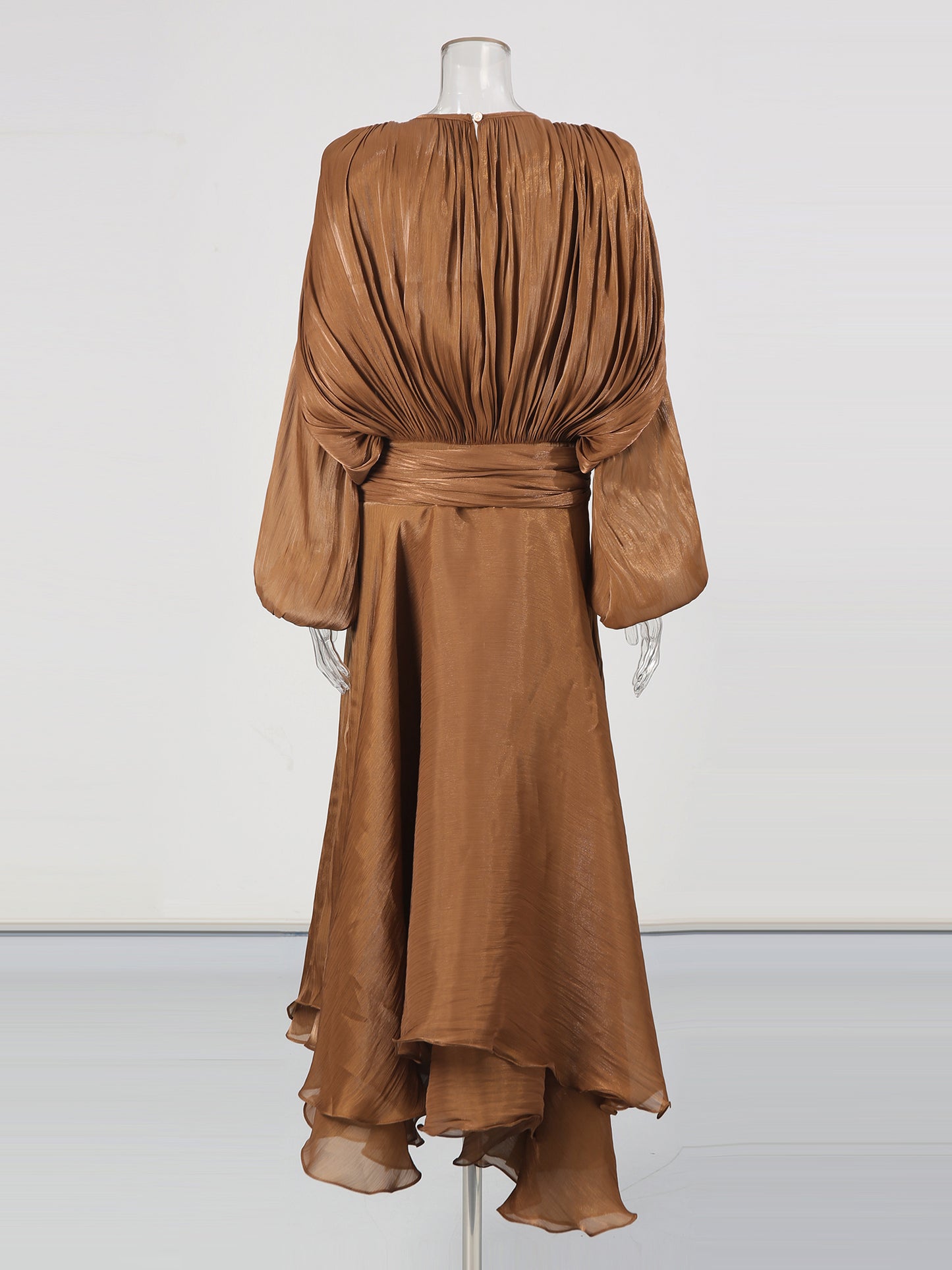 Bohemian Brown Pleated Maxi Dress with Tie Neck and Sash.