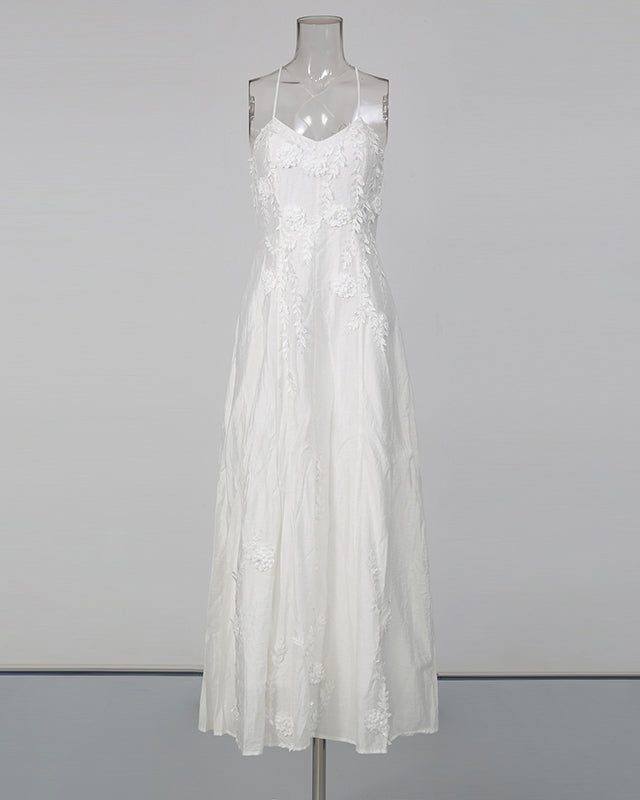 Beige 3D Floral Appliqué Maxi Dress