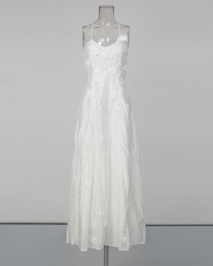 Beige 3D Floral Appliqué Maxi Dress