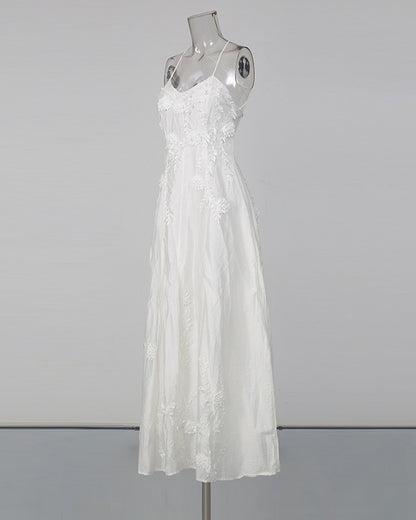 Beige 3D Floral Appliqué Maxi Dress