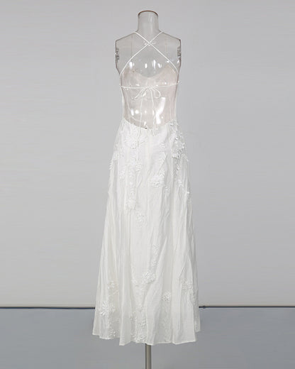 Beige 3D Floral Appliqué Maxi Dress