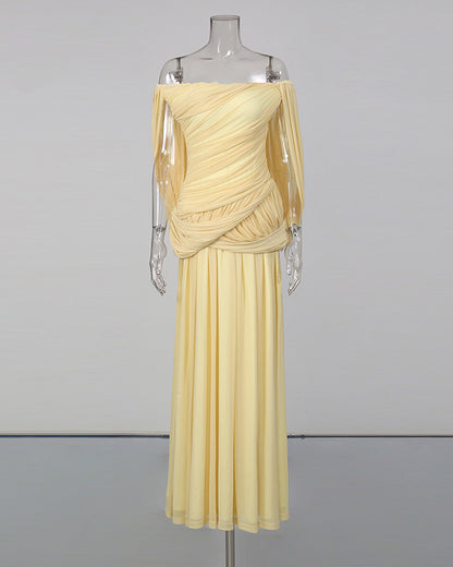 Yellow Off-the-Shoulder Ruched Maxi Dress