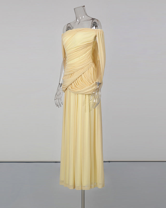 Yellow Off-the-Shoulder Ruched Maxi Dress