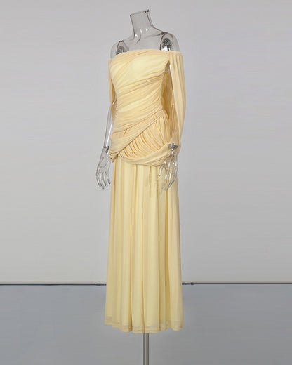 Yellow Off-the-Shoulder Ruched Maxi Dress