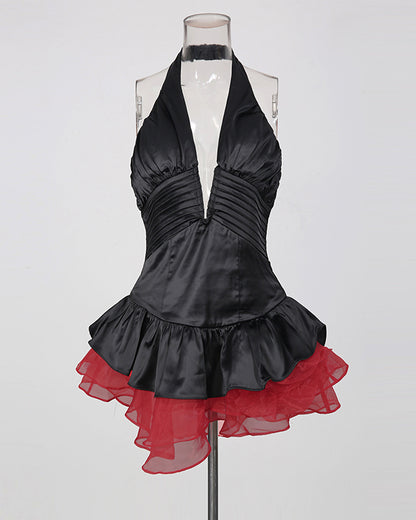Red Halter Deep V Ruffled Mini Dress