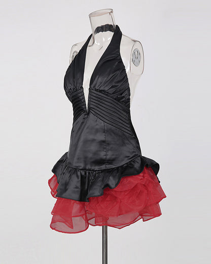 Red Halter Deep V Ruffled Mini Dress