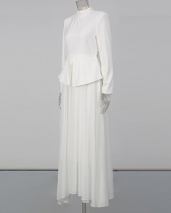 White High Neck Peplum Maxi Dress