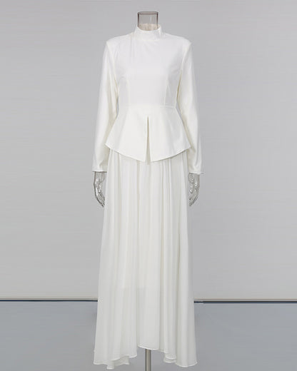 White High Neck Peplum Maxi Dress