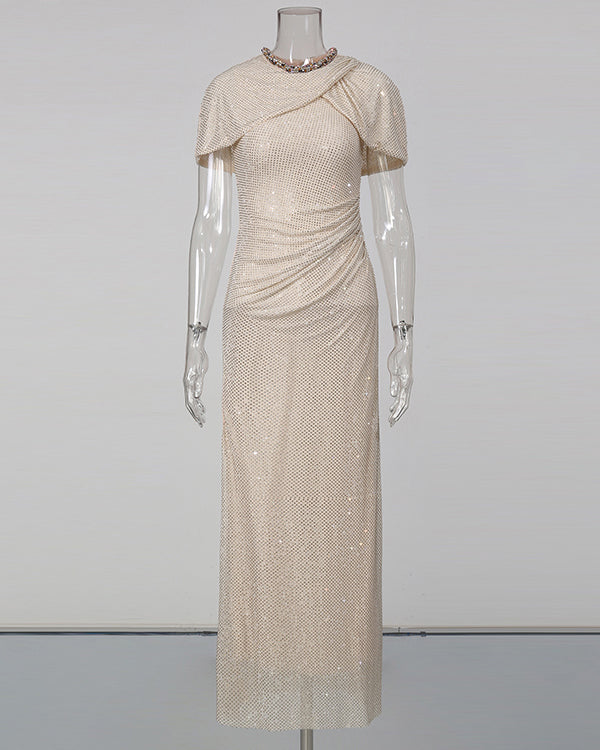 Apricot Rhinestone Ruched Mermaid Maxi Dress