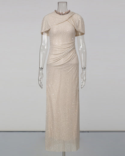 Apricot Rhinestone Ruched Mermaid Maxi Dress