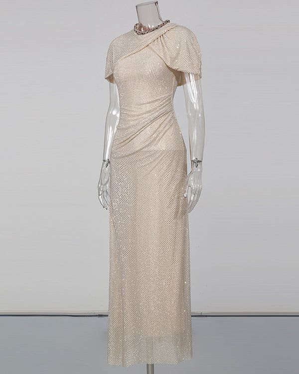 Apricot Rhinestone Ruched Mermaid Maxi Dress