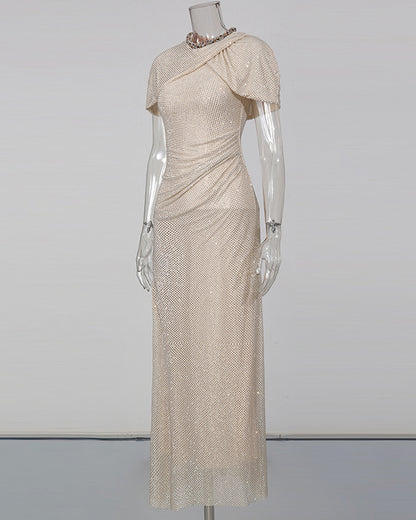 Apricot Rhinestone Ruched Mermaid Maxi Dress