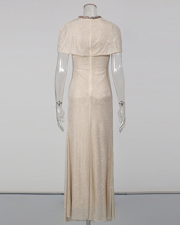 Apricot Rhinestone Ruched Mermaid Maxi Dress