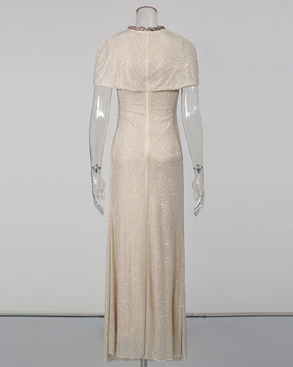 Apricot Rhinestone Ruched Mermaid Maxi Dress