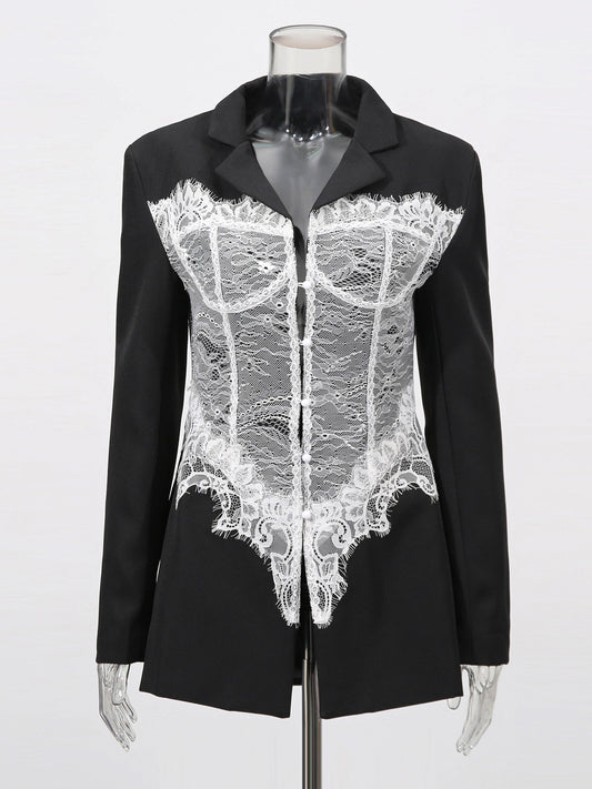 Edgy Black Blazer with White Lace Corset Detail