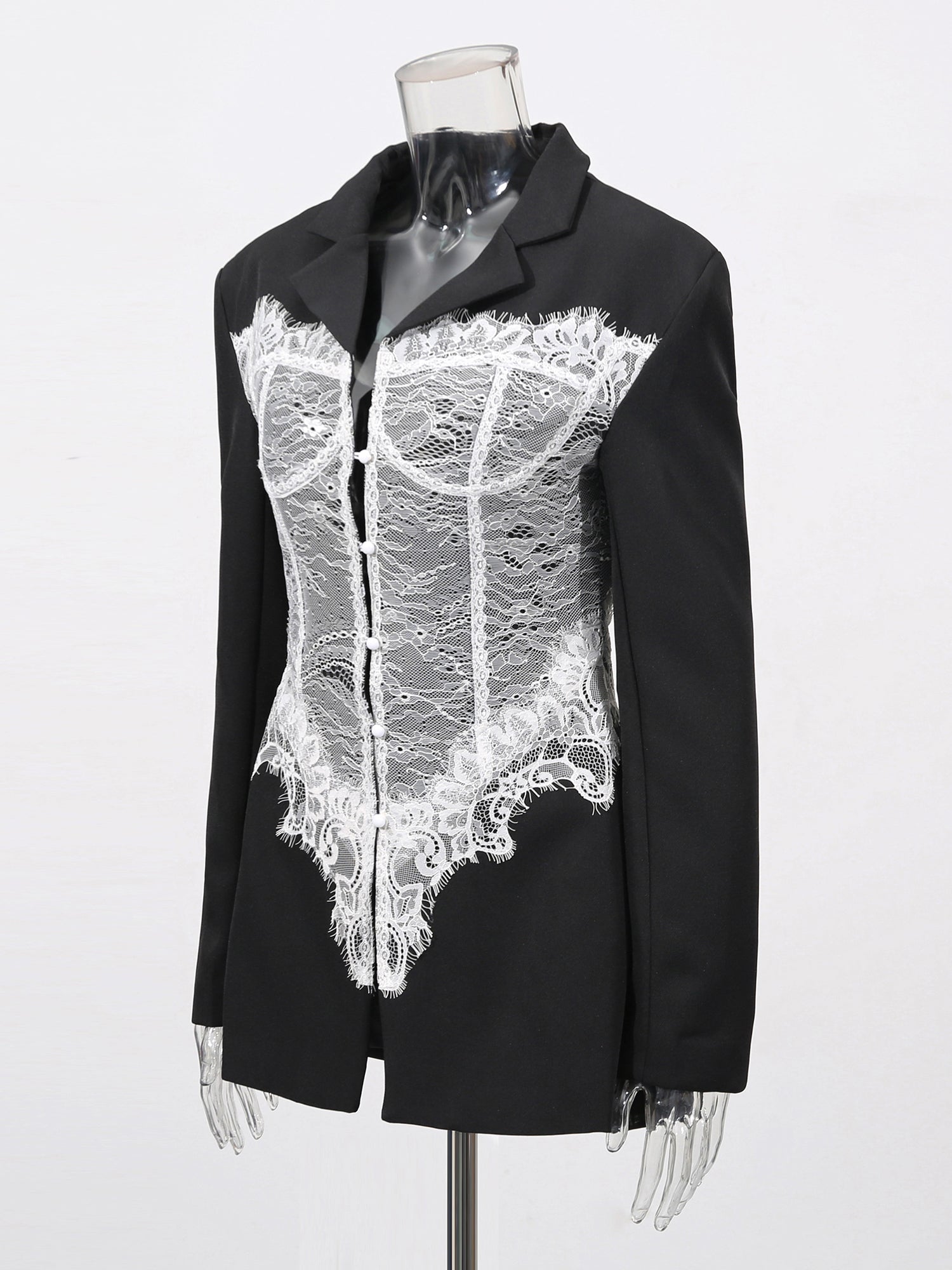 Edgy Black Blazer with White Lace Corset Detail
