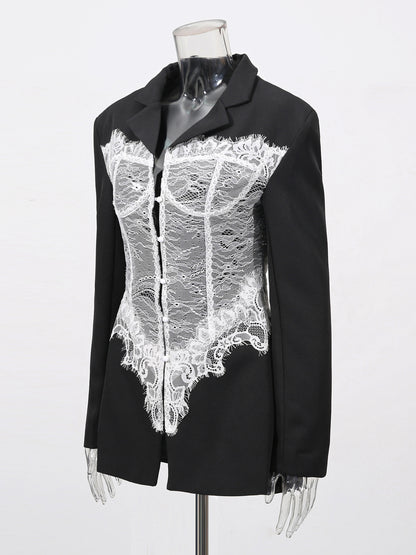 Edgy Black Blazer with White Lace Corset Detail