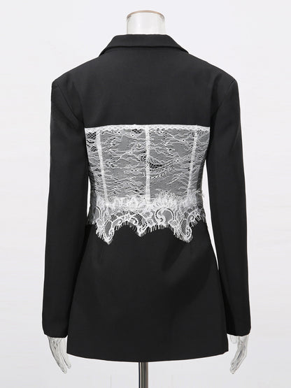 Edgy Black Blazer with White Lace Corset Detail