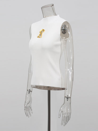 Elegant White Sleeveless Top with Gold Keyhole Accent