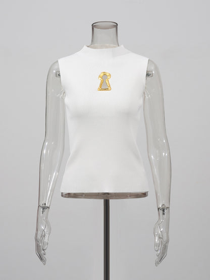 Elegant White Sleeveless Top with Gold Keyhole Accent