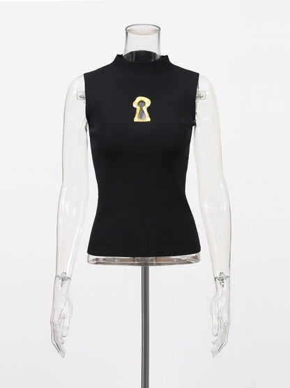 Stylish Black Sleeveless Top with Gold Keyhole Embellishment