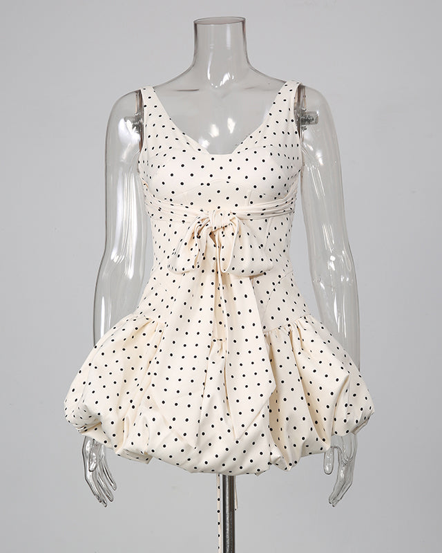 Apricot Polka Dot Bow Corset Mini Dress