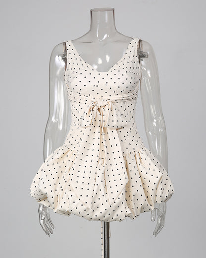 Apricot Polka Dot Bow Corset Mini Dress
