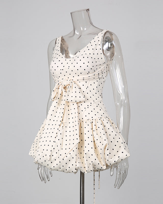 Apricot Polka Dot Bow Corset Mini Dress