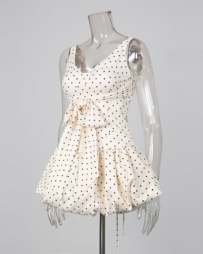 Apricot Polka Dot Bow Corset Mini Dress