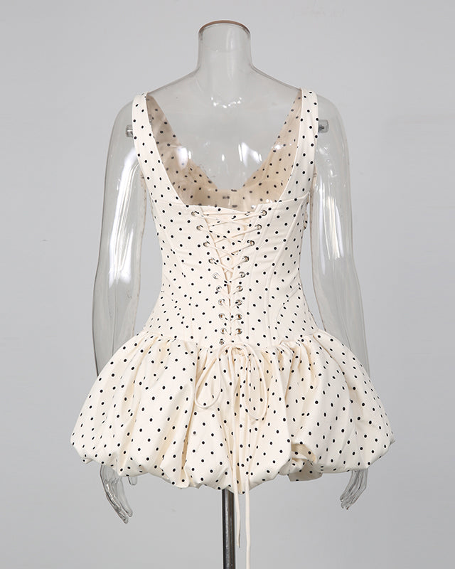 Apricot Polka Dot Bow Corset Mini Dress