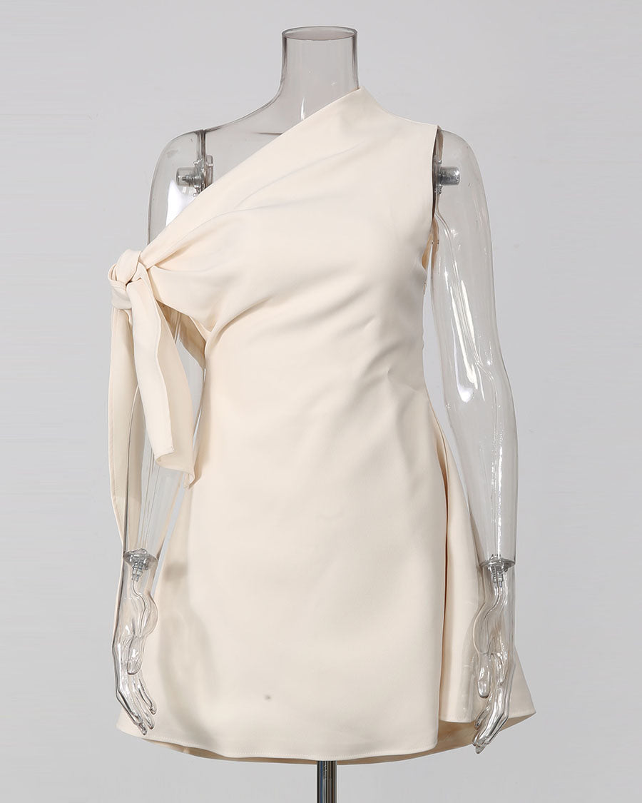 Beige Off-Shoulder Bow Tie Waist Mini Dress