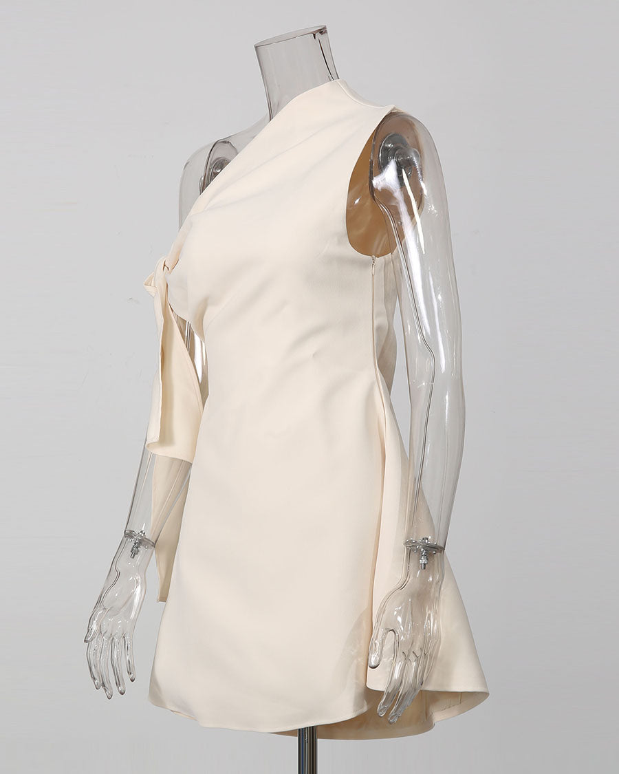 Beige Off-Shoulder Bow Tie Waist Mini Dress