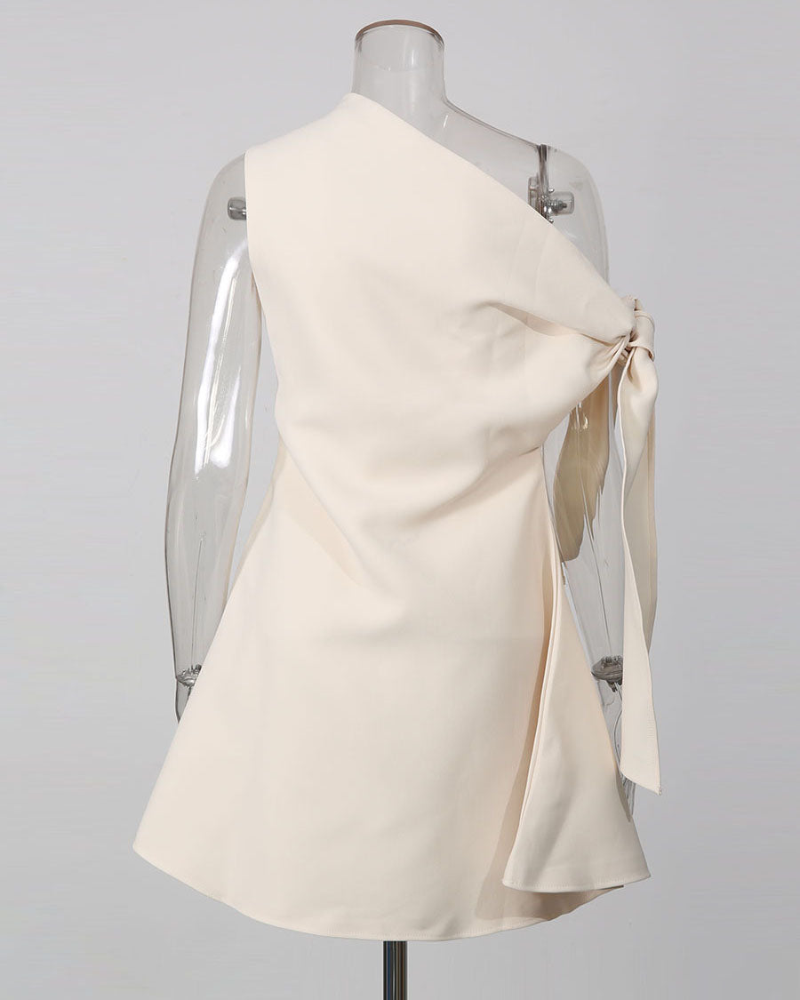 Beige Off-Shoulder Bow Tie Waist Mini Dress