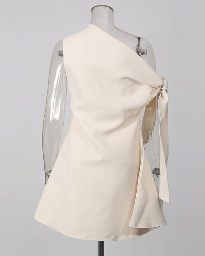 Beige Off-Shoulder Bow Tie Waist Mini Dress