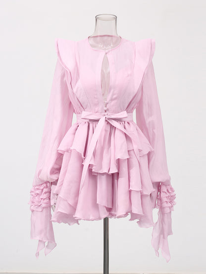 Romantic Pink Ruffled Tiered Mini Dress with Belt