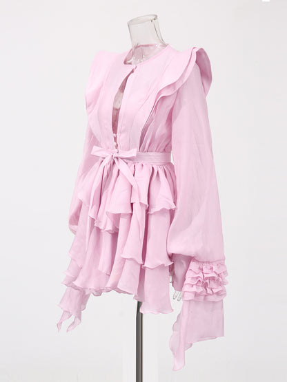 Romantic Pink Ruffled Tiered Mini Dress with Belt