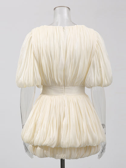 Ruched V-neck Solid Short Dress