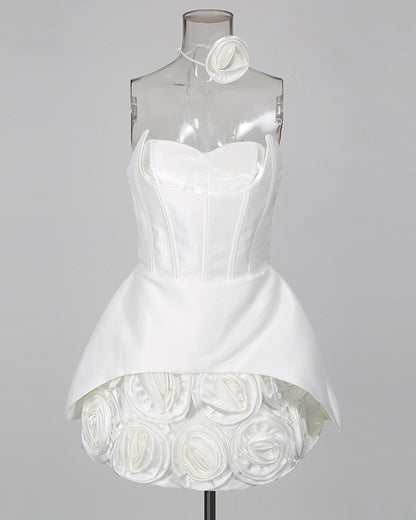 White Satin Rose Appliqué Strapless Mini Dress