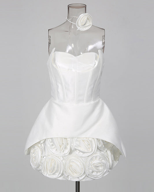 White Satin Rose Appliqué Strapless Mini Dress