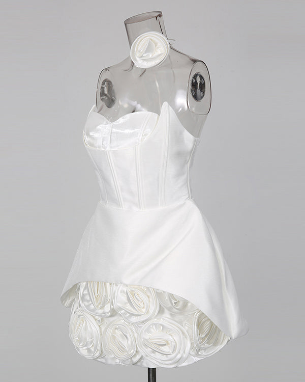White Satin Rose Appliqué Strapless Mini Dress